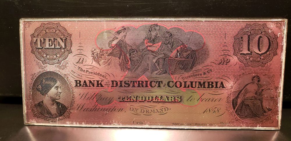 Silver "America's First Bank Notes" 4 Oz. .999 Fine Silver Bar, Bank of the District of Columbia $10